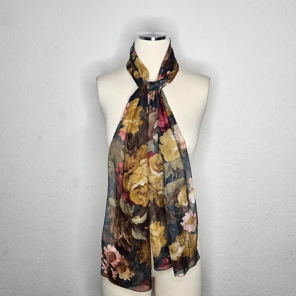 Romantic Floral Chiffon Scarf‎ Sheer Watercolor Roses Lightweight Wrap Shawl